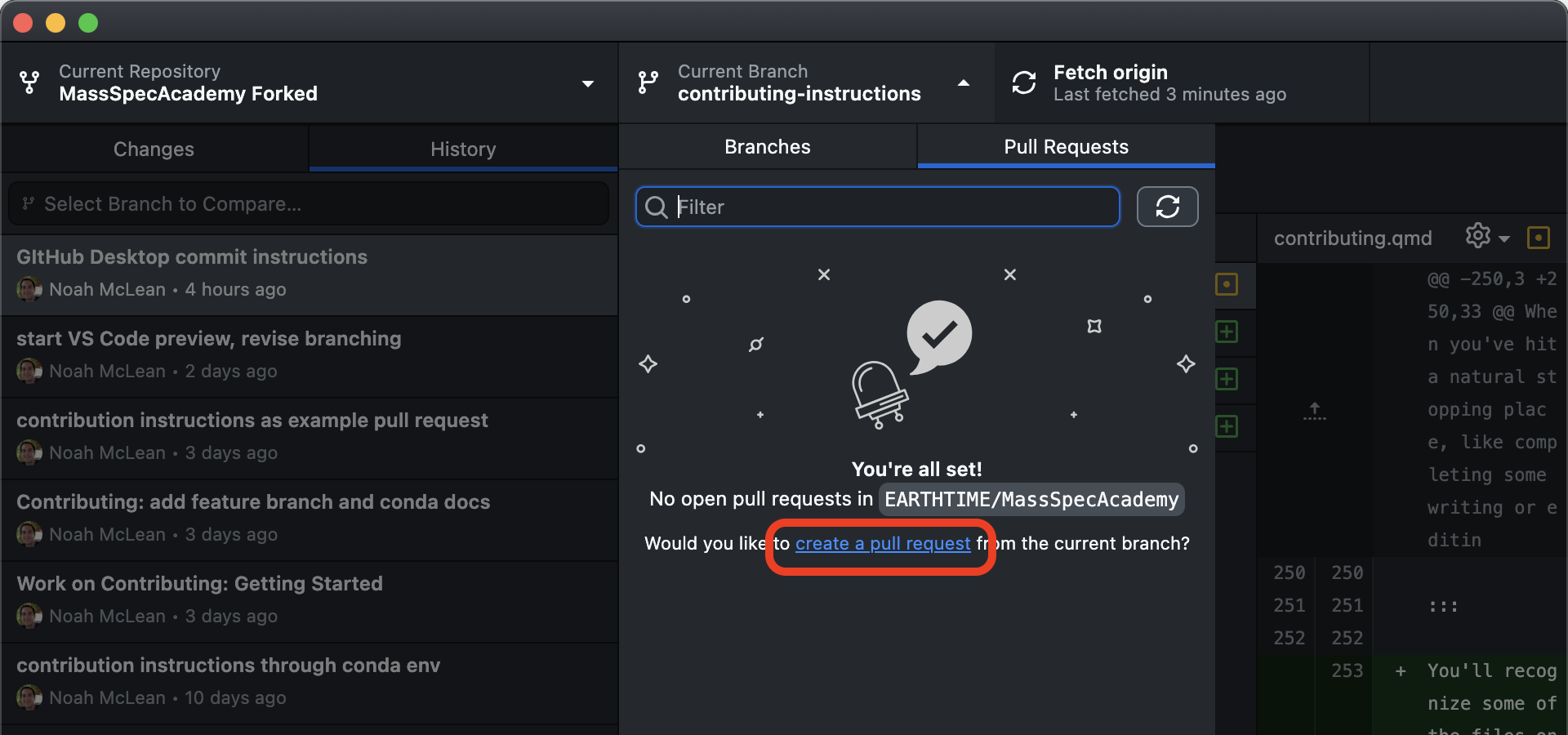 GitHub Desktop open new pull request screenshot